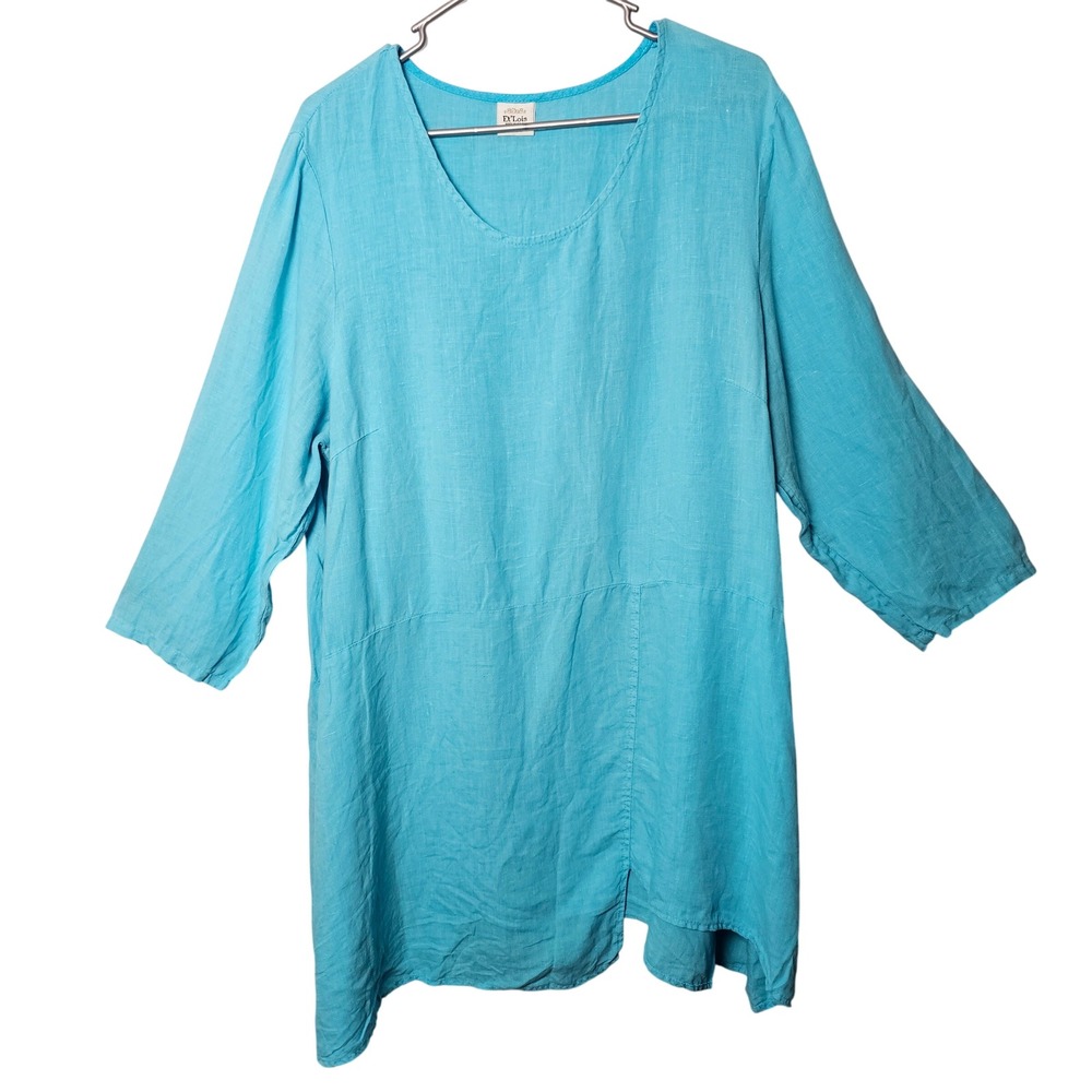 Et'Lois Nicky 100% Linen Asym Hem Tunic L Turquoise Lagenlook Art to Wear Boho